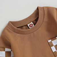 Braunes Kinder-T-Shirt mit Karomuster, Baumwolle, Rundhals, Größe 70, modisch, bequem.