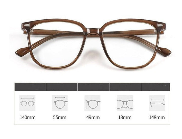 Braune Brille mit rechteckigem Rahmen, Maße: 140mm Breite, 55mm Glashöhe, 49mm Stegbreite.