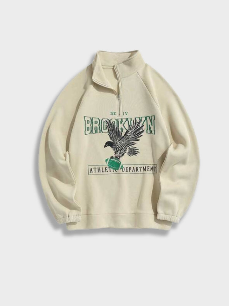 Beiger Pullover mit Adler-Print, Brooklyn-Design, Reißverschluss, sportlich, Baumwolle.