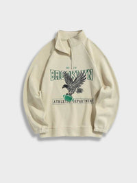 Beiger Pullover mit Adler-Print, Brooklyn-Design, Reißverschluss, sportlich, Baumwolle.