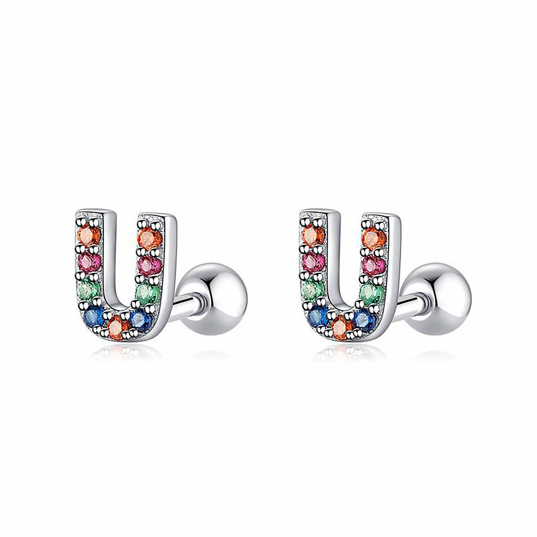 Silberne Ohrringe mit bunten Buchstaben, Schmuck, modisch, Damenaccessoire, Geschenkidee.