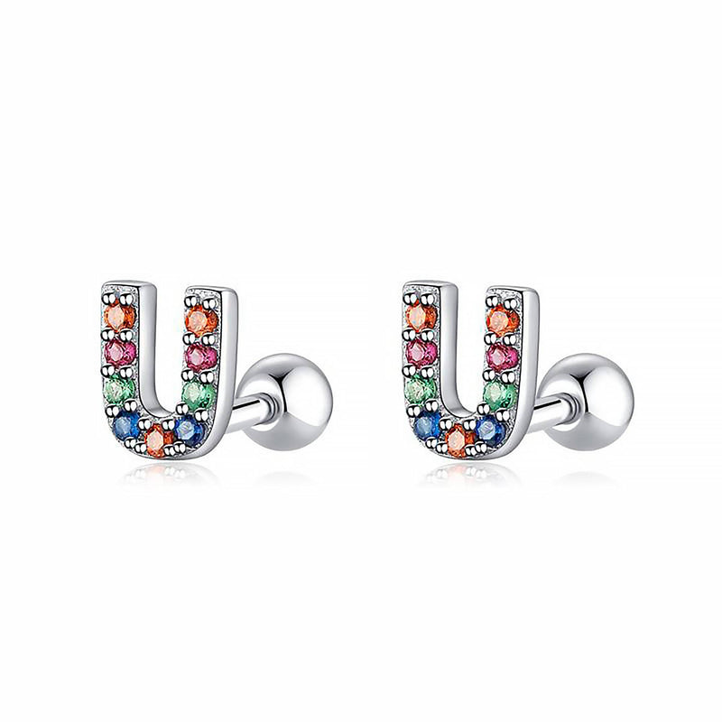 Silberne Ohrringe mit bunten Buchstaben, Schmuck, modisch, Damenaccessoire, Geschenkidee.