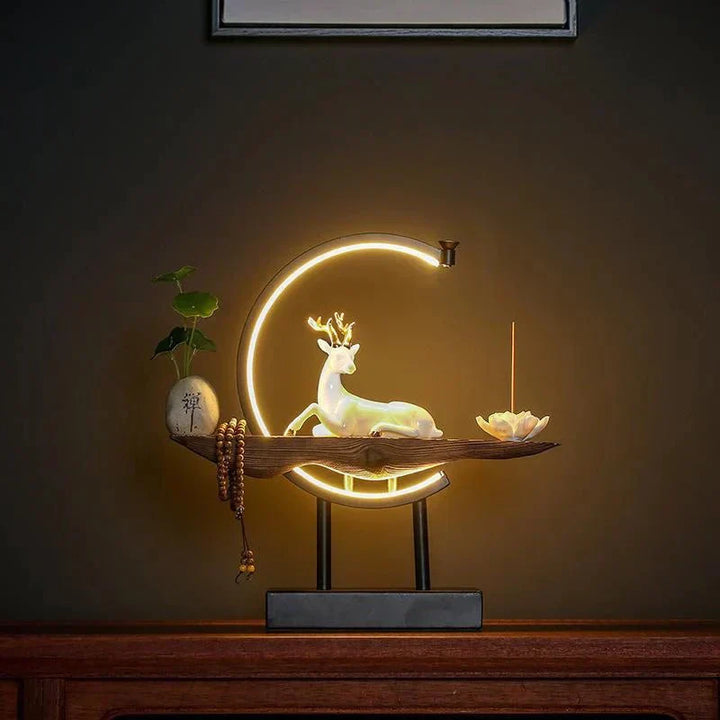 Buddhistischer Rückfluss-Räuchergefäß, Hirsch, Lotus, LED-Lampe, Dekoration, Zen-Stil.