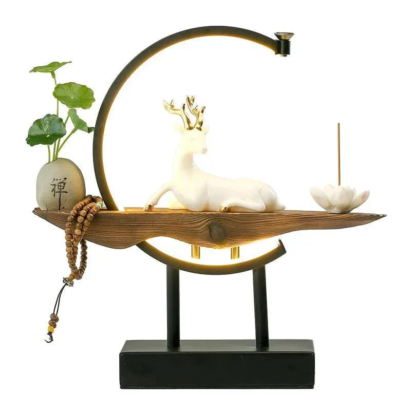 Buddhistischer Rückfluss-Räuchergefäß, weißer Hirsch, Lotus, Holz, dekorative Lampe, Zen-Dekor.