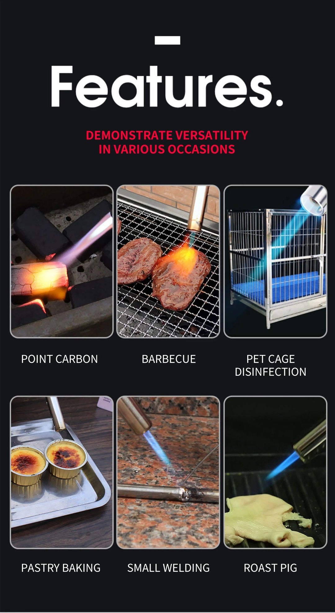 Bild mit sechs Anwendungen eines Butanbrenners: Grillen, Schweißen, Backen, Desinfektion.