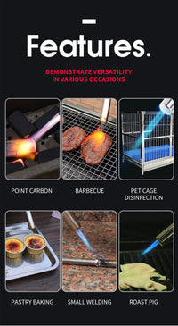 Bild mit sechs Anwendungen eines Butanbrenners: Grillen, Schweißen, Backen, Desinfektion.