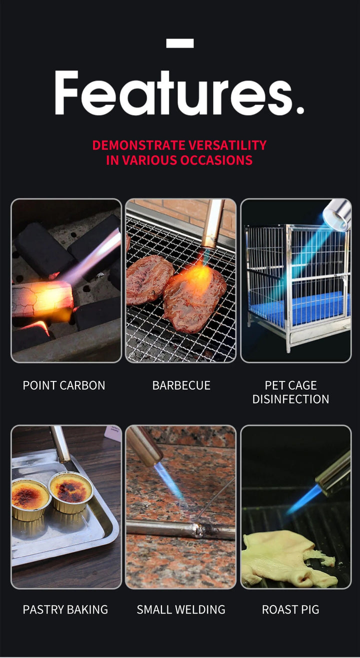 Bild mit sechs Anwendungen eines Butanbrenners: Grillen, Schweißen, Backen, Desinfektion.
