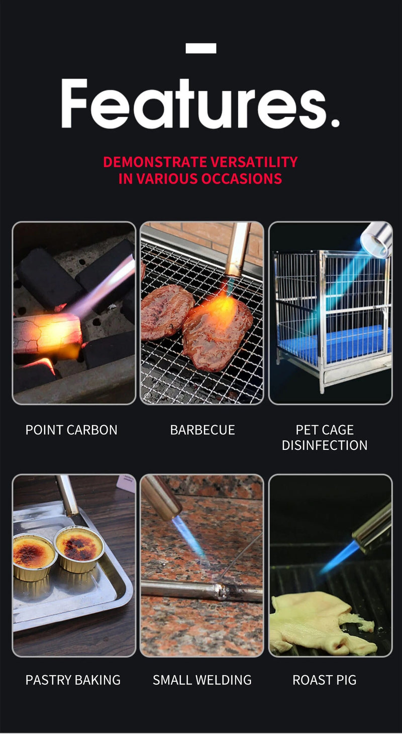 Bild mit sechs Anwendungen eines Butanbrenners: Grillen, Schweißen, Backen, Desinfektion.