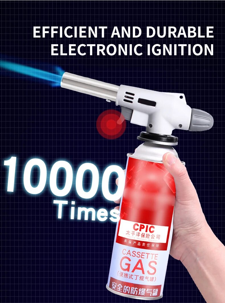 Handgasbrenner mit elektronischer Zündung, rote Gaskartusche, blauer Flammenstrahl.