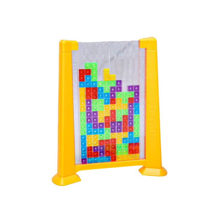 Gelbes Tetris-Spielzeug aus Kunststoff mit bunten Bausteinen, Lernspiel für Kinder.