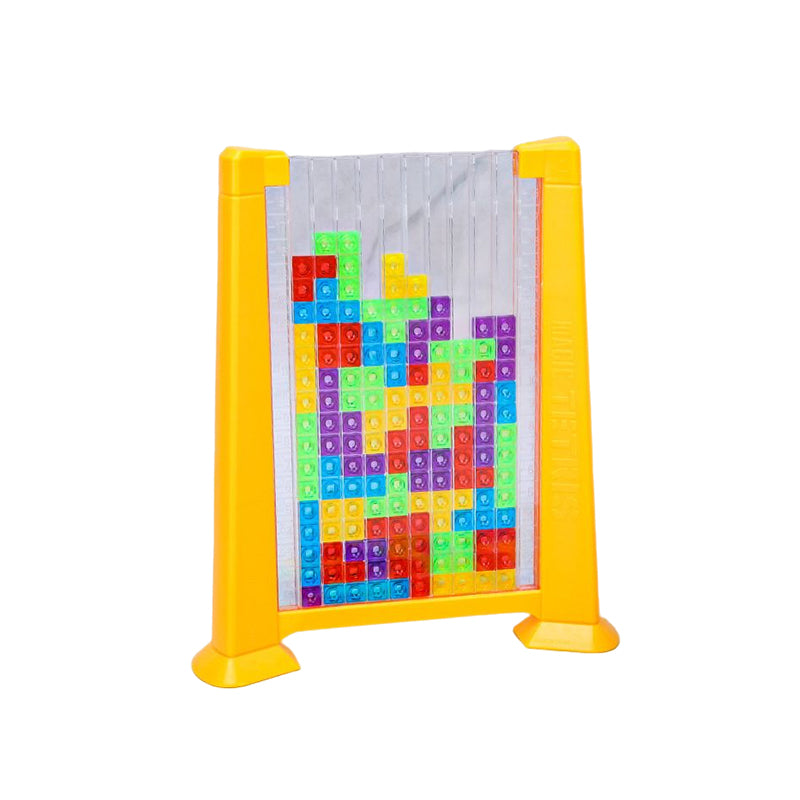 Gelbes Tetris-Spielzeug aus Kunststoff mit bunten Bausteinen, Lernspiel für Kinder.