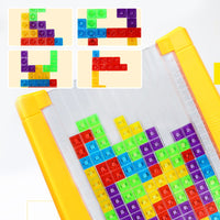 Buntes Tetris-Puzzle-Spielzeug aus Kunststoff, gelber Rahmen, Lernspiel für Kinder.