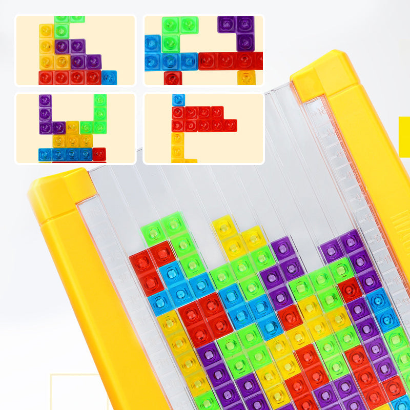 Buntes Tetris-Puzzle-Spielzeug aus Kunststoff, gelber Rahmen, Lernspiel für Kinder.