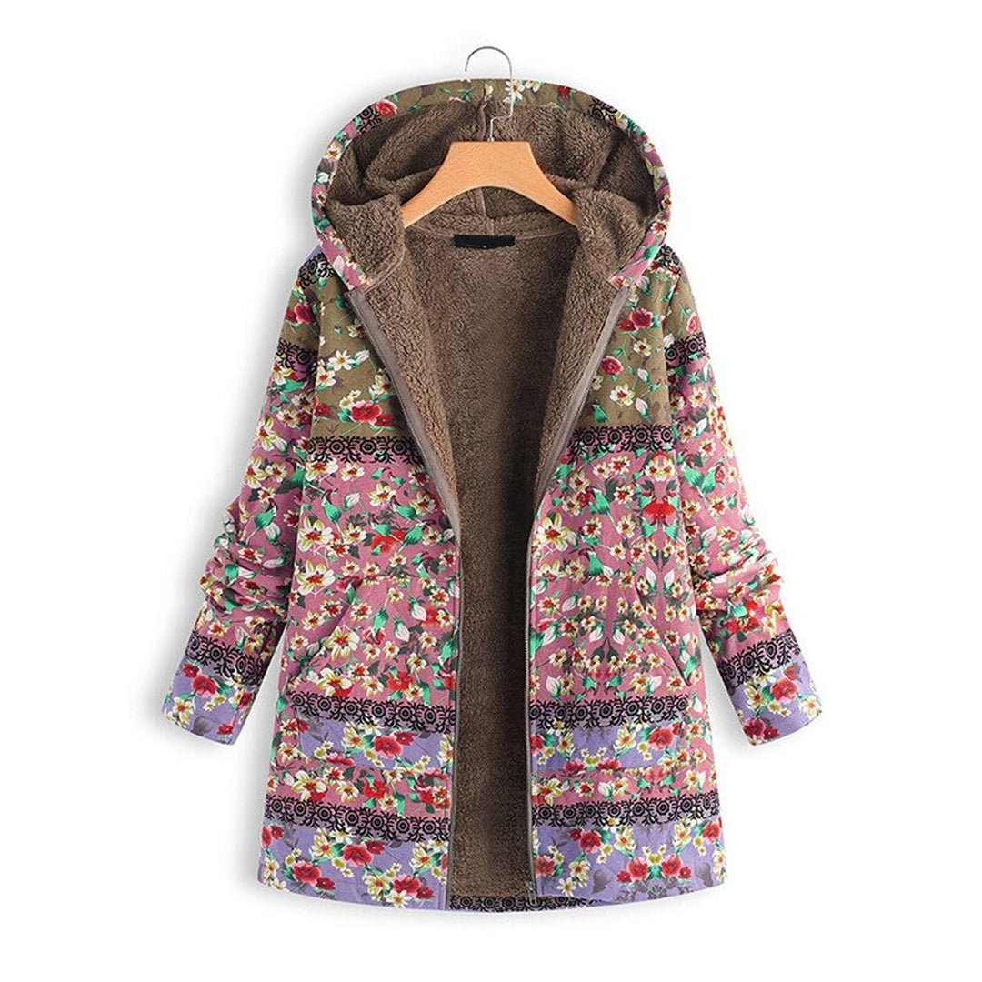 Bunte Damen-Langjacke mit Kapuze, florales Muster, Teddyfutter, modisch, warm.