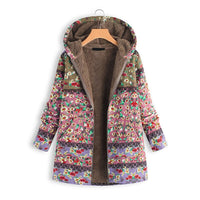 Bunte Damen-Langjacke mit Kapuze, florales Muster, Teddyfutter, modisch, warm.