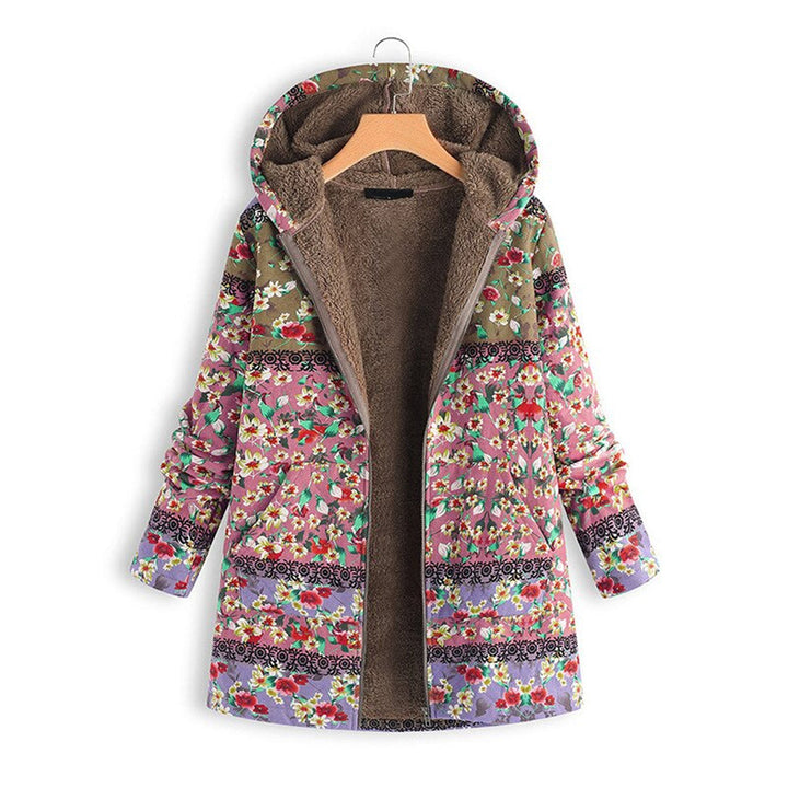 Bunte Damen-Langjacke mit Kapuze, florales Muster, Teddyfutter, modisch, warm.