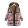 Bunte Damen-Langjacke mit Kapuze, florales Muster, Teddyfutter, modisch, warm.