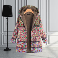 Damen-Langjacke mit Kapuze, florales Muster, Teddyfutter, bunt, modisch, warm, Wintermantel.
