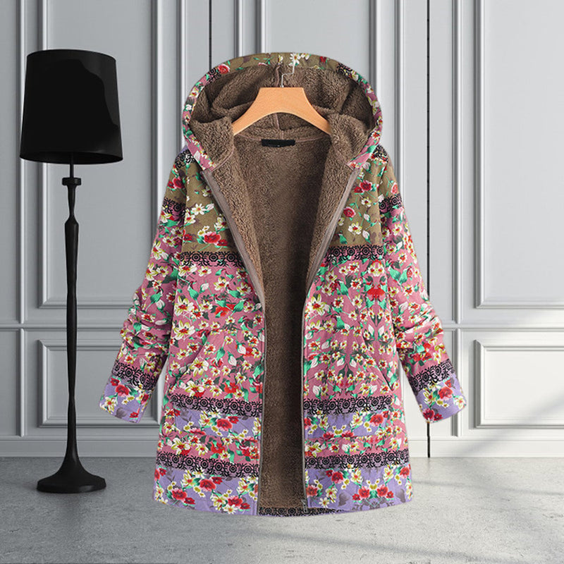 Damen-Langjacke mit Kapuze, florales Muster, Teddyfutter, bunt, modisch, warm, Wintermantel.