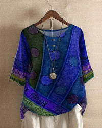 Buntes Damenbluse mit Ethno-Muster, blau-grün, 3/4-Ärmel, Knopfleiste, lässig, Baumwolle.