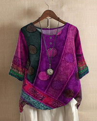 Bunte Damenbluse mit Ethno-Muster, lila und grün, 3/4-Ärmel, Baumwolle, lässig, Boho-Stil.