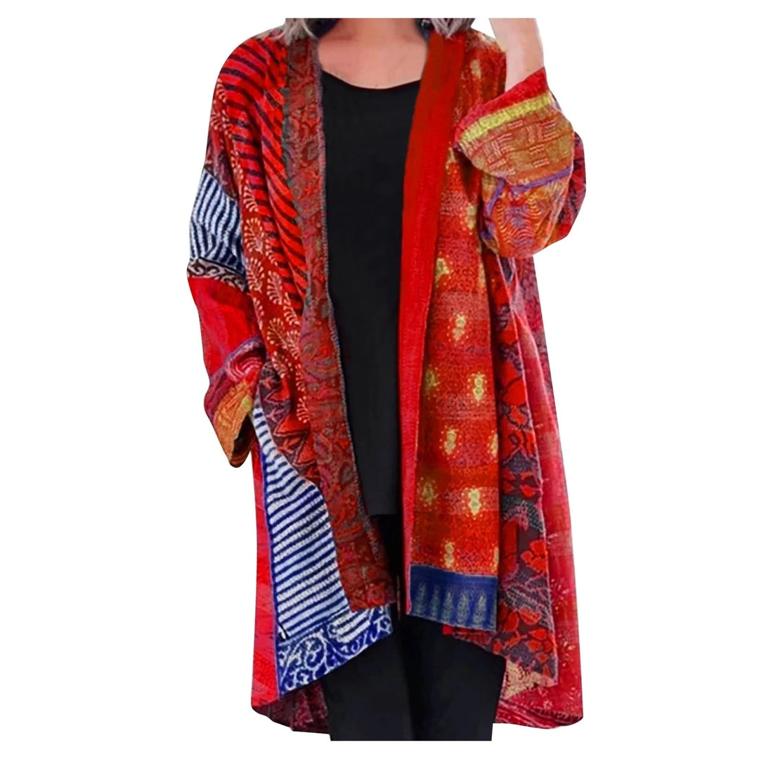 Bunte Damen-Kimono-Jacke, rot gemustert, lässig, langärmelig, Boho-Stil.