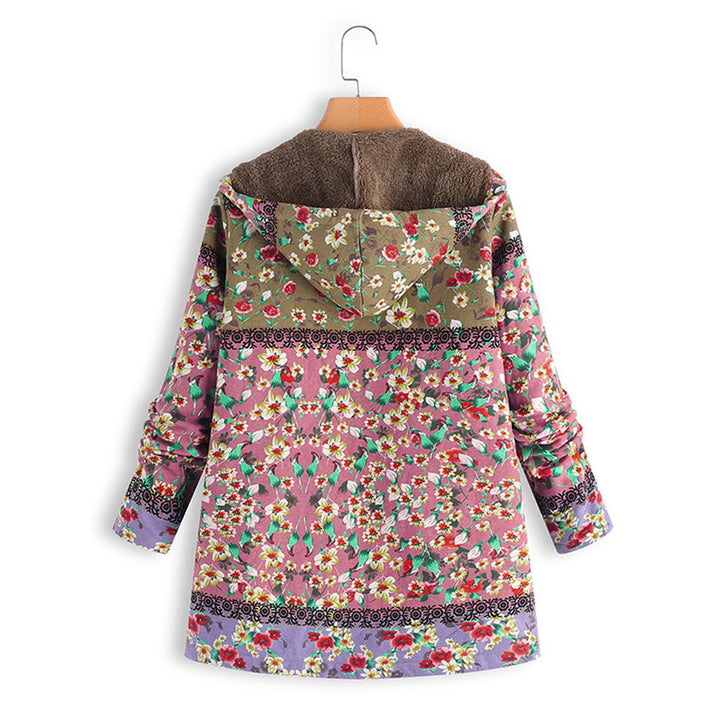 Bunte Damen-Langjacke mit Kapuze, florales Muster, Teddyfutter, modisch, warm.