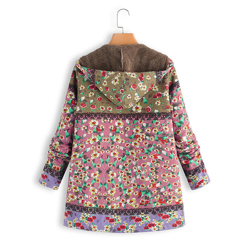 Bunte Damen-Langjacke mit Kapuze, florales Muster, Teddyfutter, modisch, warm.