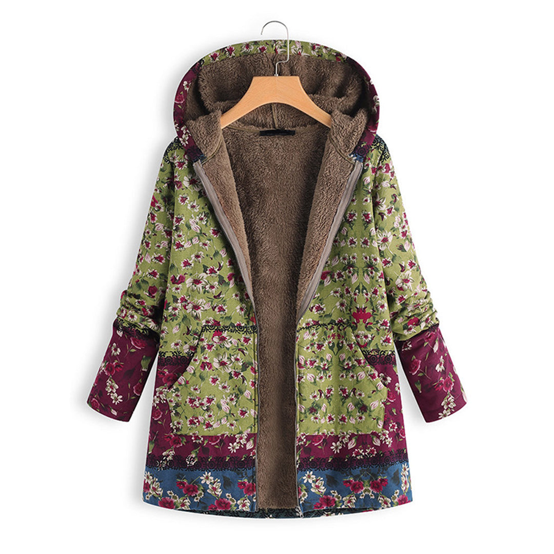 Damen Teddyjacke mit Kapuze, Blumenmuster, grün und lila, warm, modisch, Herbst/Winter.