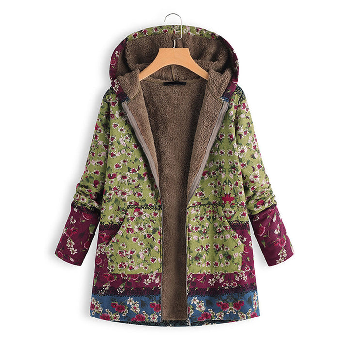 Damen Teddyjacke mit Kapuze, Blumenmuster, grün und lila, warm, modisch, Herbst/Winter.