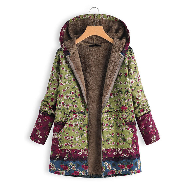Damen Teddyjacke mit Kapuze, Blumenmuster, grün und lila, warm, modisch, Herbst/Winter.