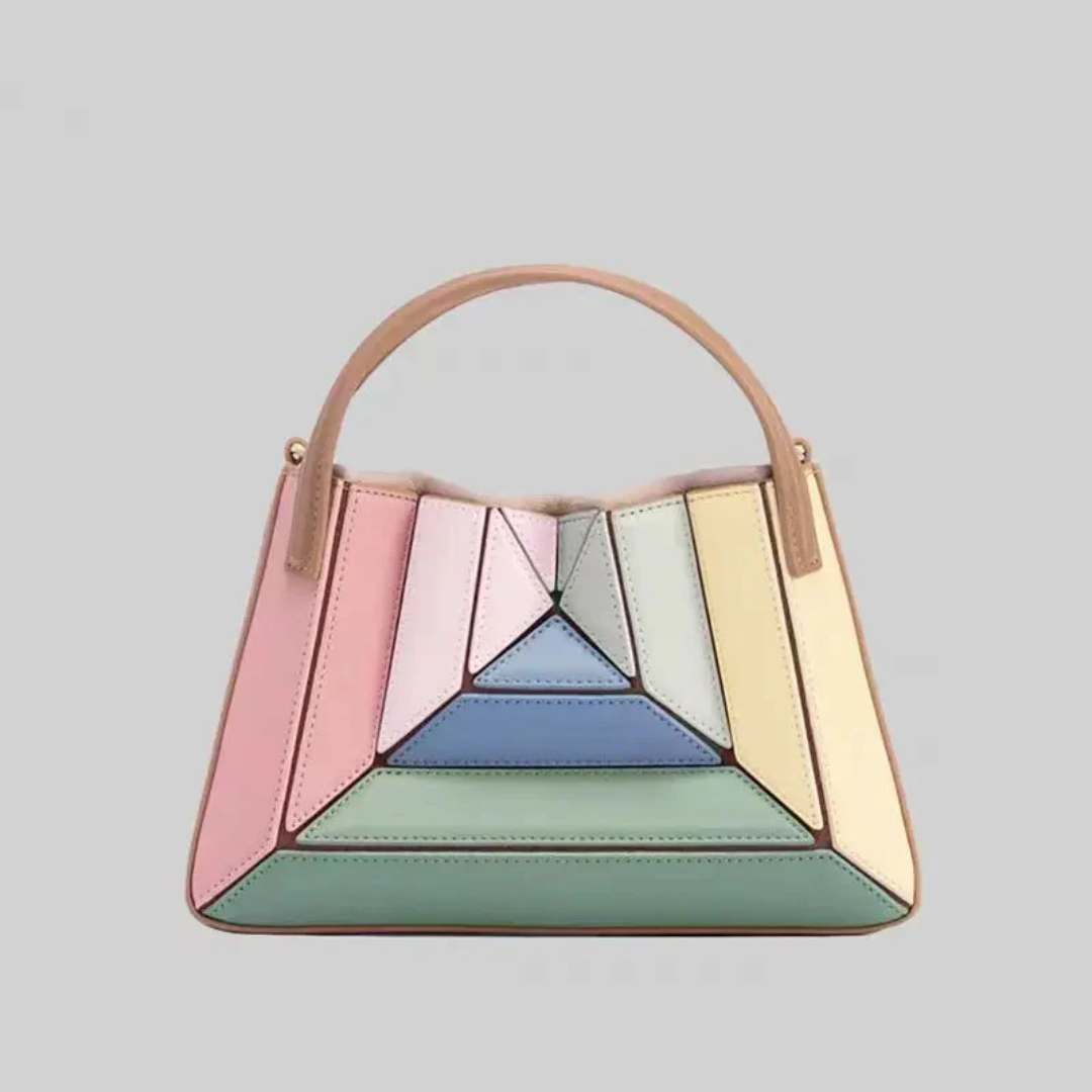 Bunte geometrische Handtasche aus Leder, Damenmode, Pastellfarben, stilvoll, modern.