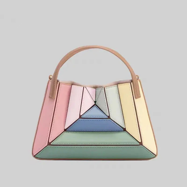 Bunte geometrische Handtasche aus Leder, Damenmode, Pastellfarben, stilvoll, modern.