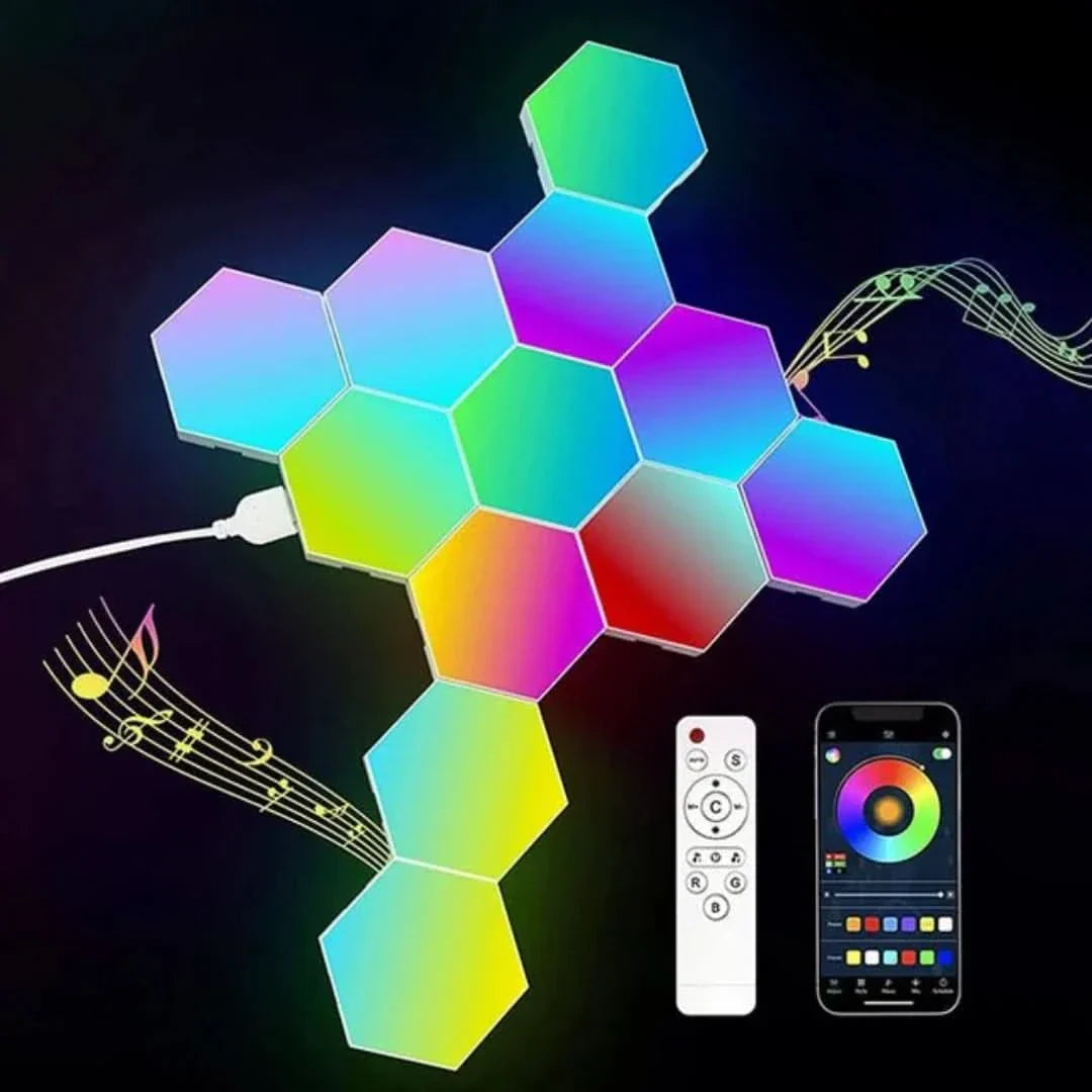 Bunte LED-Wandleuchte Hexagon mit Fernbedienung und App-Steuerung, RGB, Musiksteuerung.