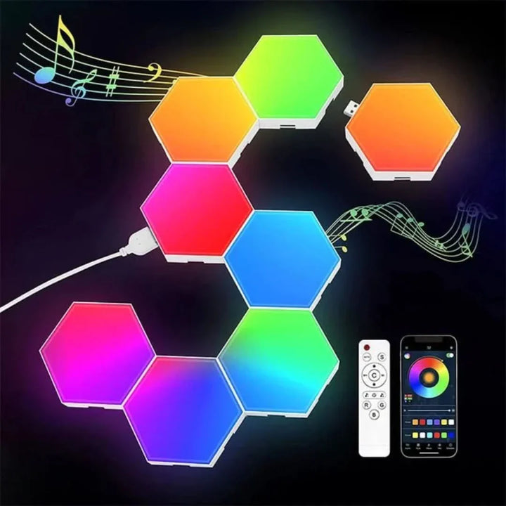 Bunte LED-Hexagon-Lichtpaneele mit Fernbedienung und Musiksteuerung, wandmontiert.