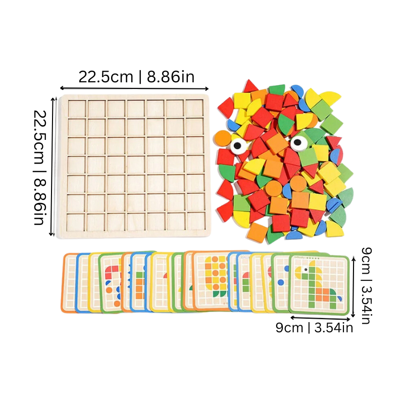 Holzpuzzle-Set mit bunten Formen, 22,5 cm Quadrat, Lernspielzeug für Kinder, inkl. Vorlagenkarten.