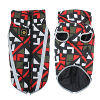 Hundemantel geometrisches Muster, rot-schwarz, wasserdicht, reflektierend, Winterbekleidung.