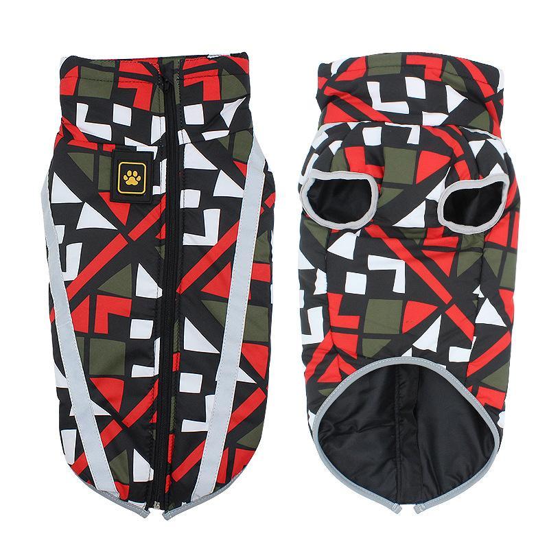 Hundemantel geometrisches Muster, rot-schwarz, wasserdicht, reflektierend, Winterbekleidung.