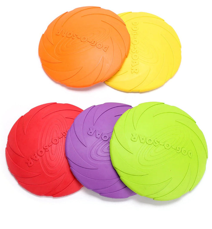 Bunte Hundespielzeug-Frisbees aus Gummi, Set aus 5, in Rot, Orange, Gelb, Lila, Grün.