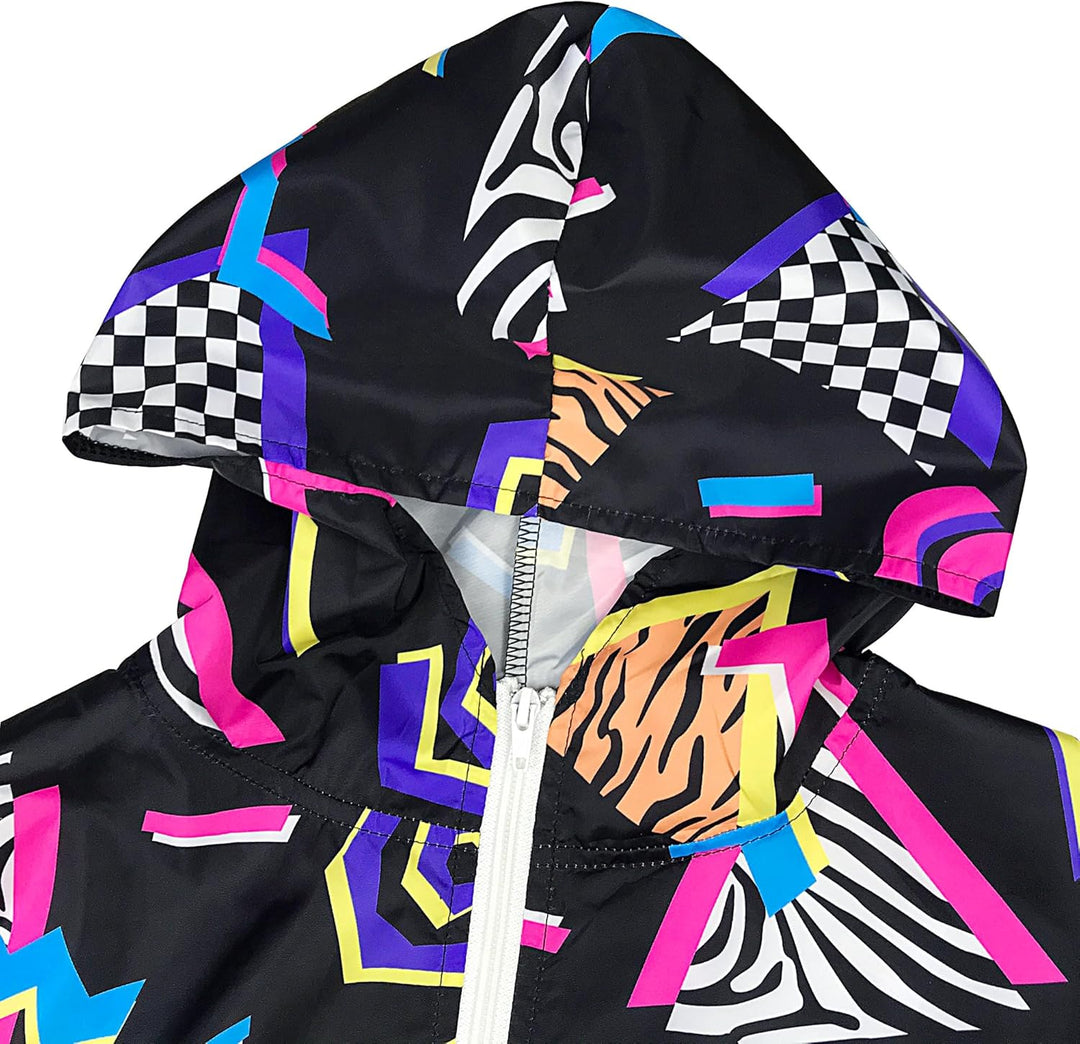 Bunte Kapuzenjacke mit geometrischem Muster, Reißverschluss, schwarz, Unisex, modisch.