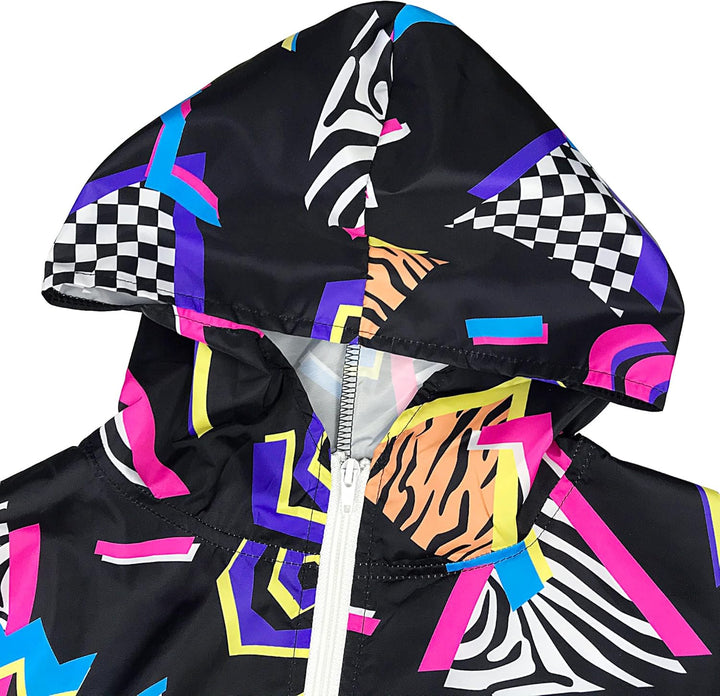 Bunte Kapuzenjacke mit geometrischem Muster, Reißverschluss, schwarz, Unisex, modisch.