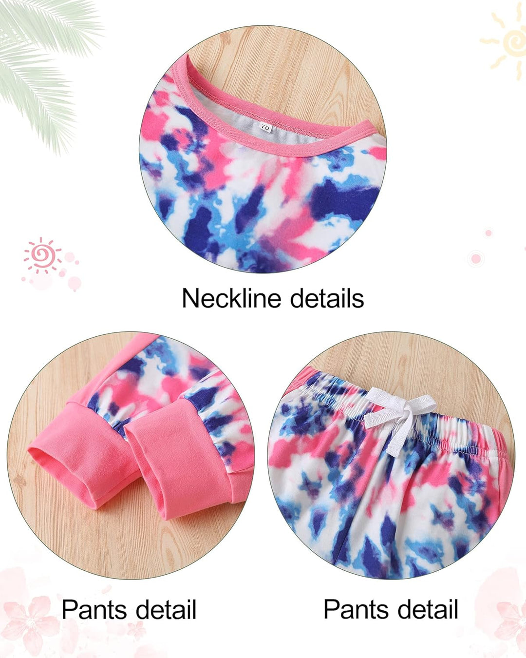 Buntes Kinder-Pyjama-Set, Batikmuster, Baumwolle, Rundhals, elastischer Bund, bequem.