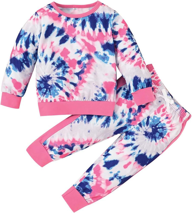 Buntes Kinder-Tie-Dye-Pyjama-Set, langärmelig, rosa-blau, Baumwolle, bequem, modisch.