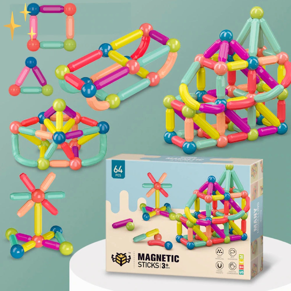 Bunte magnetische Bausteine für Kinder, 64-teiliges Set, kreative Konstruktion, Lernspielzeug.