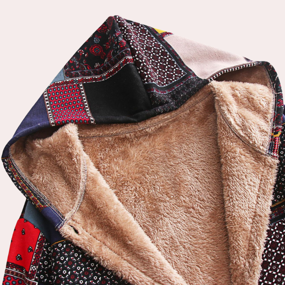 Bunter Patchwork-Hoodie mit weichem Fleecefutter, Kapuze, warm, modisch, Unisex.