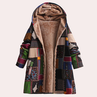 Bunter Patchwork-Mantel mit Kapuze, Fleece-Innenfutter, Damenmode, Winterjacke, Boho-Stil.