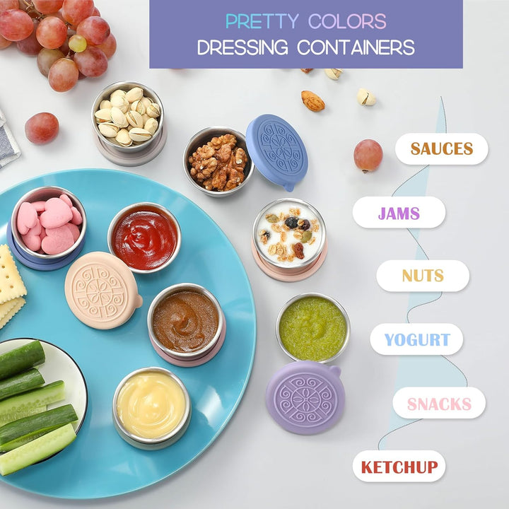 Bunte Dressingbehälter aus Edelstahl, auslaufsicher, für Saucen, Snacks, Joghurt, Nüsse.