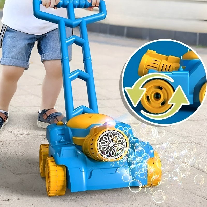 Kinderspielzeug Seifenblasenmaschine, blau-gelb, Outdoor-Spielzeug, Rasenmäher-Design.