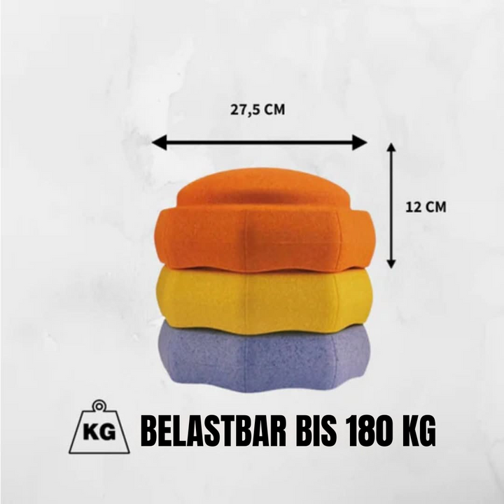 Dreifarbiger Sitzhocker, stapelbar, belastbar bis 180 kg, Maße: 27,5 cm x 12 cm.