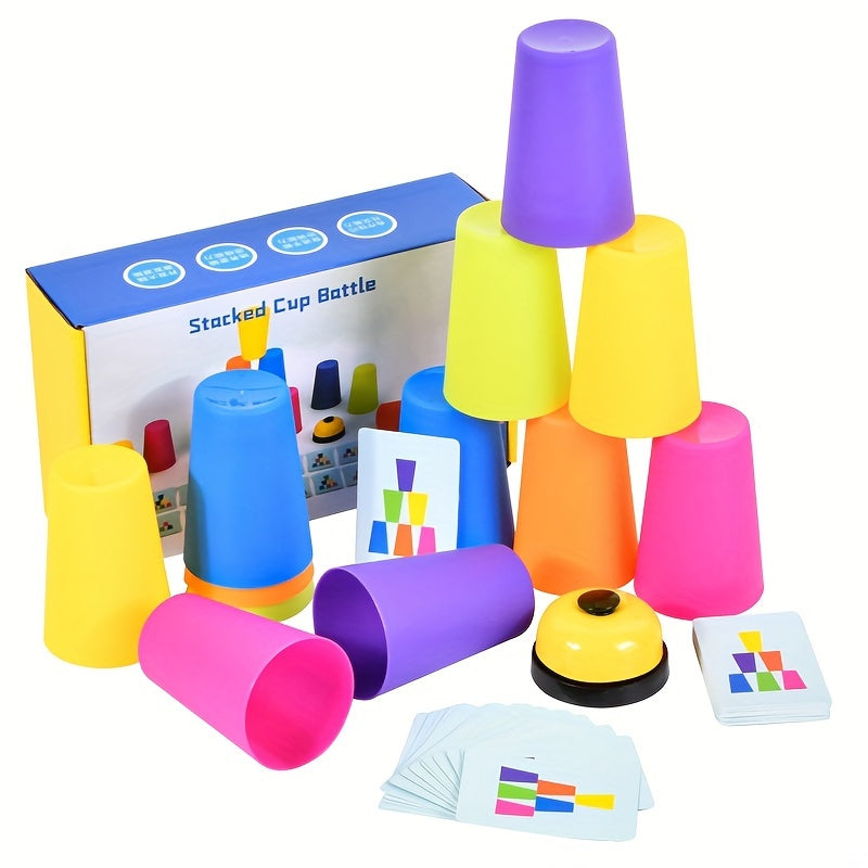 Bunte Stapelbecher Spielset mit Karten und Glocke, Lernspielzeug für Kinder.
